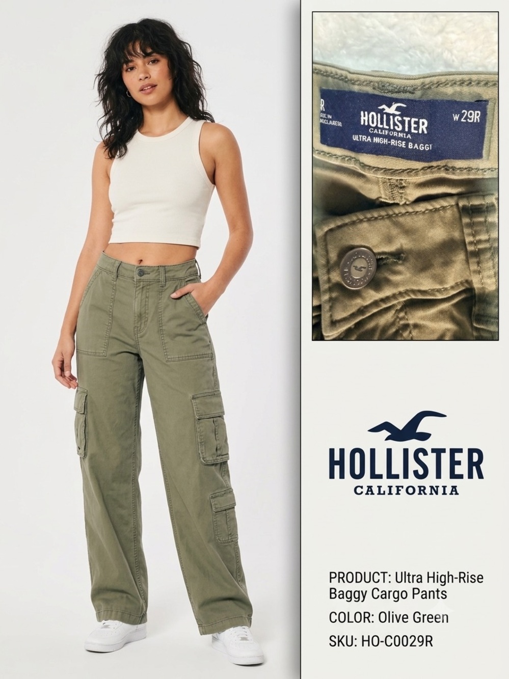 Hollister Olive Green High-Rise Baggy Cargo Pants